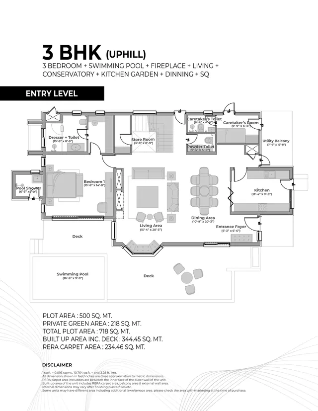 3 BHK villa floor plan: uphill version, entry level