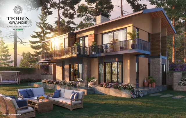 3 BHK villa with lawn seating at sunset