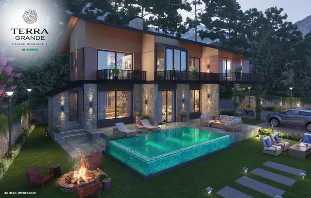 4 BHK villa with a pool at dusk