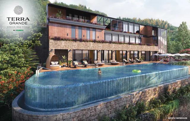 Clubhouse facade with pool