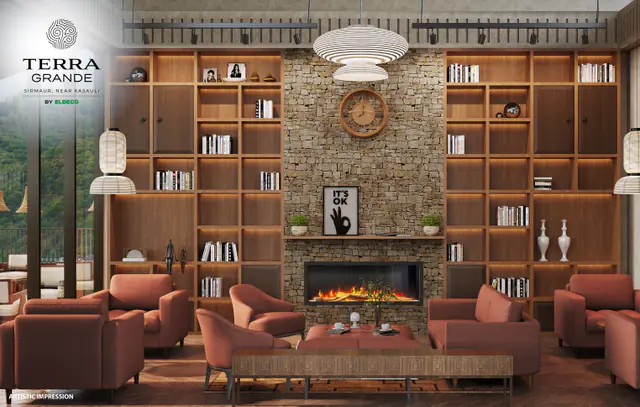 Library with a fireplace