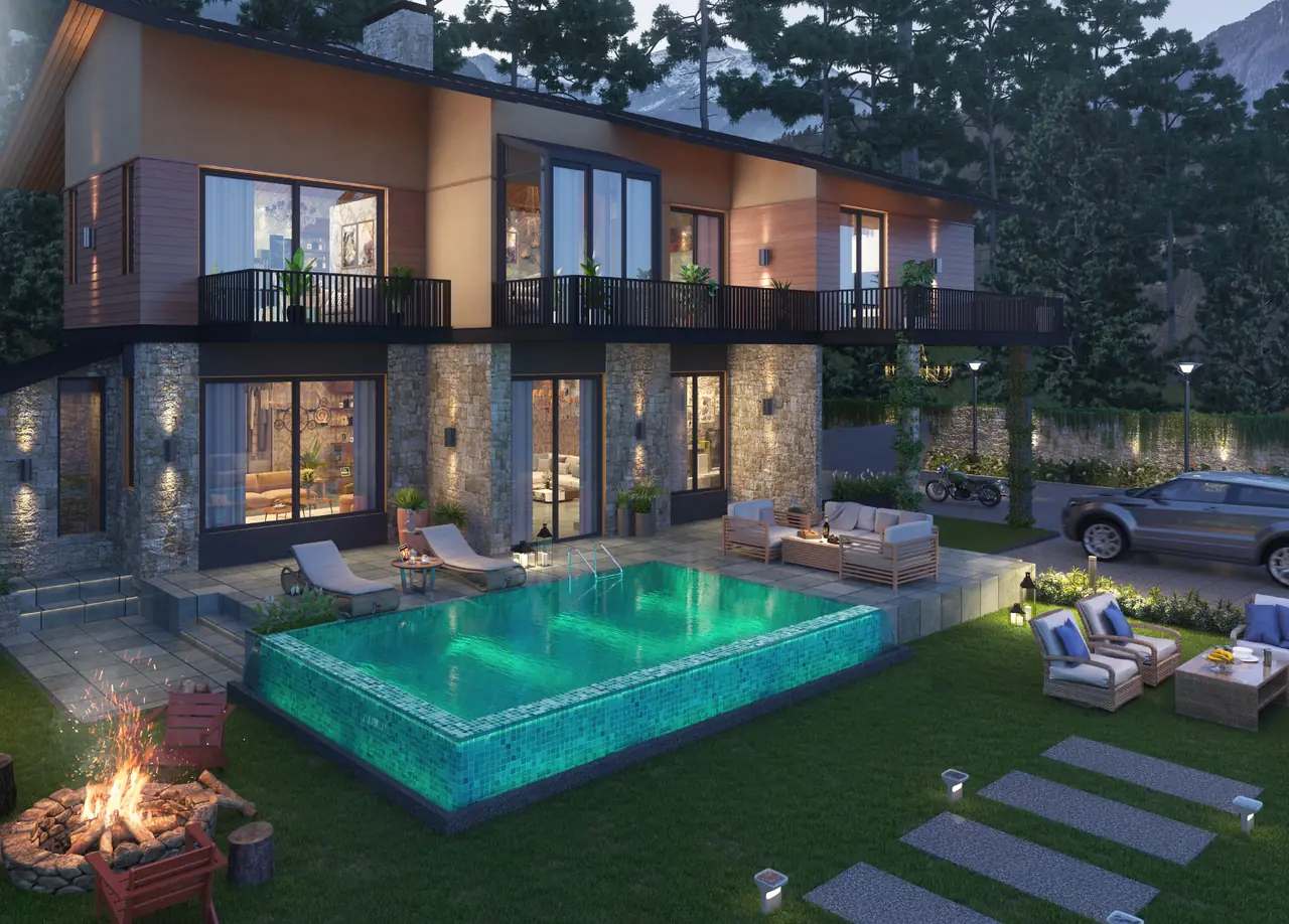 A 4 BHK villa at Eldeco Terra Grande at dusk, with lit windows, a private pool and a fire pit on the lawn